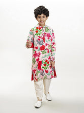 Boys Peach floral printed kurta with a off white pajama
